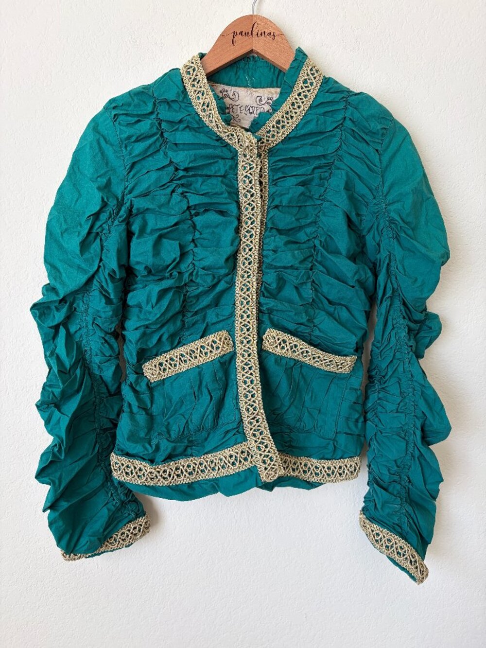 Pete Greta Jacket Womens Small Teal Ruched Victorian Steampunk Lace Boho S